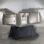 Closed view of a 3-door aluminium UTE canopy with whale tail locks