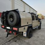 Rear of the complete UTE canopy setup featuring wheel holder and heavy duty tray