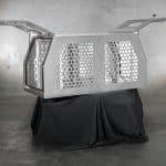 Heavy-duty aluminium dog box with airflow vents and top-opening access