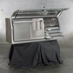 1800mm aluminium flat-plate toolbox with four built-in drawers and one adjustable shelf