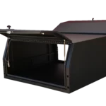 Black aluminium UTE canopy with both lift-up doors open, showing the spacious interior and reinforced frame