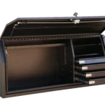 Powder-coated black toolbox featuring adjustable shelf and drawers