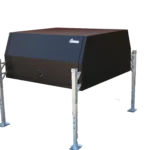 Black two-door UTE canopy displayed on four metal jack-off support legs