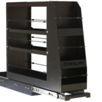 Black aluminium slide-out pantry drawer with shelving system